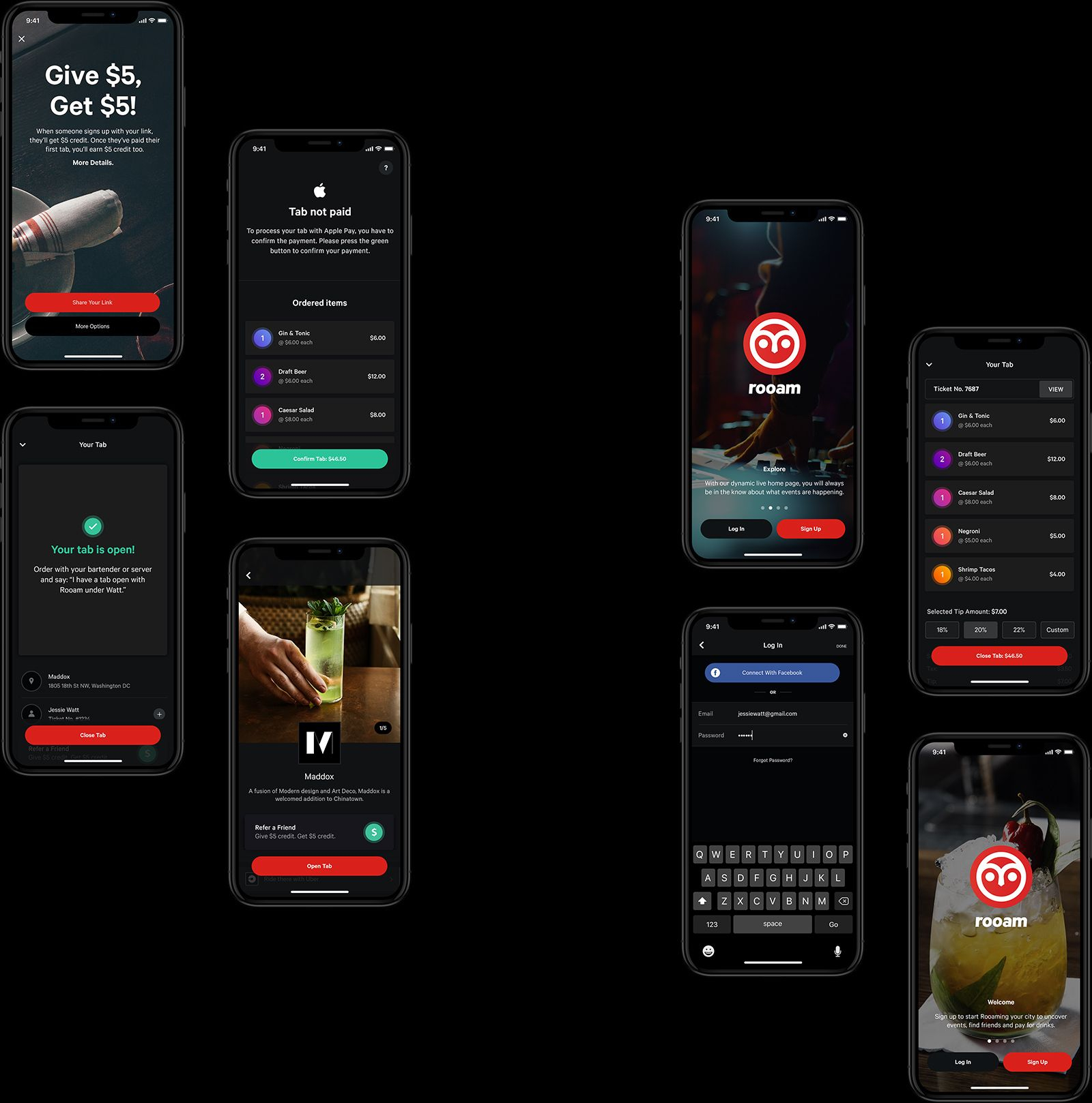 A collage of phones featuring the Rooam app filling the background